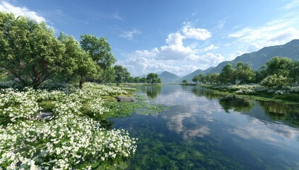 Serene river valley, abundant white flowers, lush trees, sunny day