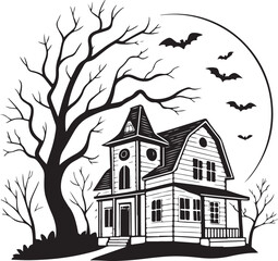 Haunted House with Bats and Bare Trees under Full Moon – Spooky Halloween Scene Illustration

