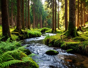 Obraz premium Sunlight streams through a lush forest, illuminating a babbling brook. Lush greenery surrounds the tranquil water