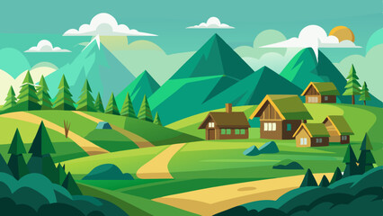 Obraz premium mountain green field landscape with wooden houses