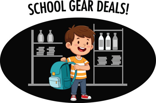 Cheerful Students Featuring School Gear Deals in a Store with Shelves Full of Books and Bottles, Ready for Back to School Season - Powered by Adobe
