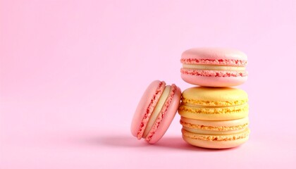 Colorful pink and yellow macarons stacked on a pink background. Bright and vibrant dessert perfect for bakery banners, invitations, or sweet-themed promotions. Copy space for text or branding