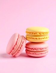 Fototapeta premium Colorful pink and yellow macarons stacked on a pink background. Bright and vibrant dessert perfect for bakery banners, invitations, or sweet-themed promotions. Copy space for text or branding