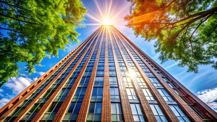 Skyscraper reaching for the sky with sunburst and blue sky background