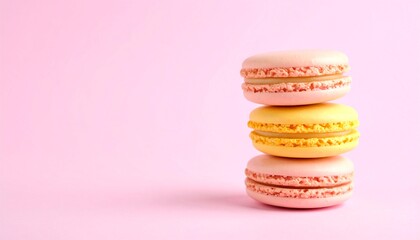 Colorful pink and yellow macarons stacked on a pink background. Bright and vibrant dessert perfect for bakery banners, invitations, or sweet-themed promotions. Copy space for text or branding