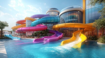 Colorful water park with slides and restaurants