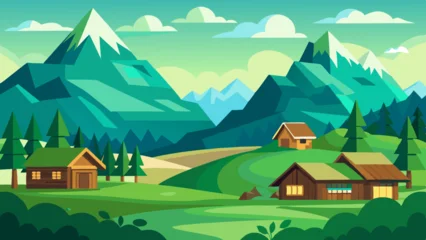 Fotobehang Zeegroen mountain green field landscape with wooden houses  © Brojendra