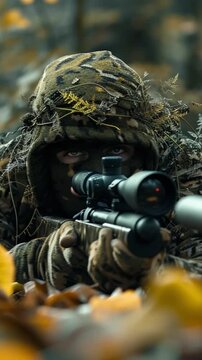 modern military sniper ghillie suit with foliage 4K Videos 
