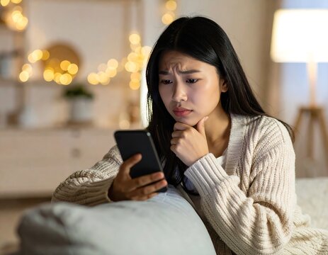 Confused young asian woman looking at smartphone screen with furrowed brow and pondering facial