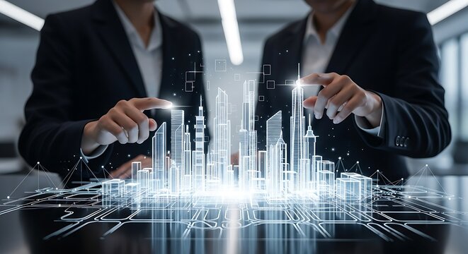 Business professionals interacting with a futuristic holographic cityscape projection