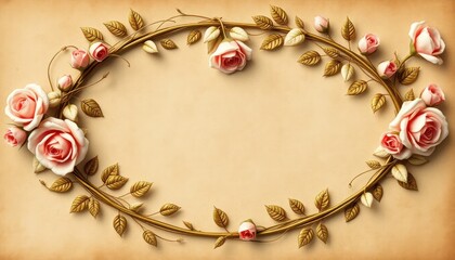 Vintage floral frame adorned with roses and golden leaves for romantic designs