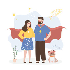 Man and woman super heroes, couple of strong persons. Confident young adults wearing mask, cape costumes playing superheroes. Cartoon male and female characters