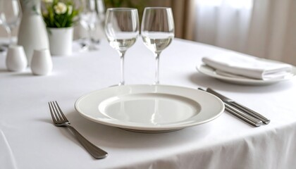 Elegant table setting with white plates, silverware, and wine glasses