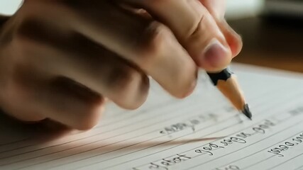 Close-up of a hand gripping a pencil, writing on lined paper, with a warm, natural light background