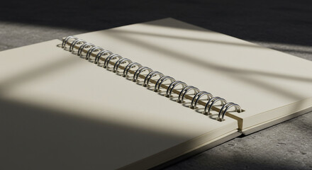 Close-up of an open, blank spiral notebook with a metal binding, casting a shadow on a textured surface.