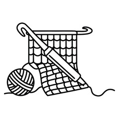 Simple black and white illustration of crocheting supplies with a ball of yarn and hook