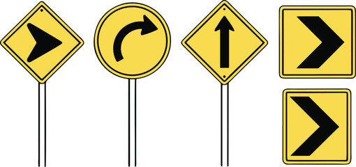 Isolated yellow traffic signs, black borders, road signs vector set, diamond, circle, rectangle, arrows, minimal flat design, editable driving icon collection