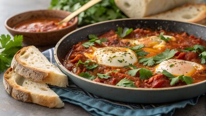 Fototapeta premium Delicious shakshuka with poached eggs in spicy tomato sauce served with crusty bread and fresh herbs