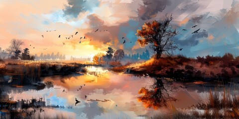 Birds flying over lake at sunset in autumn landscape painting