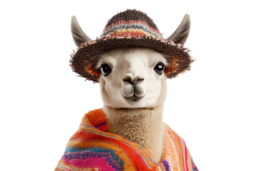 Charming llama wearing colorful hat and poncho apparel on transparent background