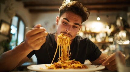 Mid adult man enjoying a delicious plate of spaghetti bolognese at a restaurant. 