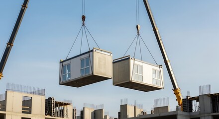Two modular building units being lifted by cranes at a construction site