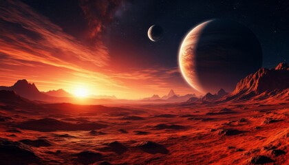 A breathtaking 3D scene of a distant planet is showcased in stunning 4K resolution. The vibrant sunset casts fiery hues across the rocky terrain, with two planets visible in the starry sky.