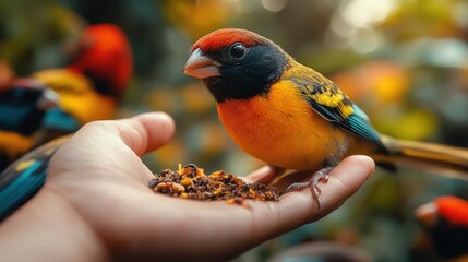 Colorful bird eating from hand