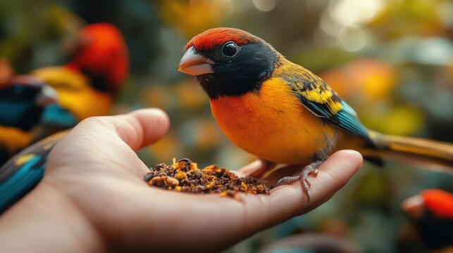 Colorful bird eating from hand