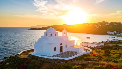White church by the sea at sunset