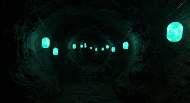 Illuminated teal lanterns cast ethereal glow in underground cave passage