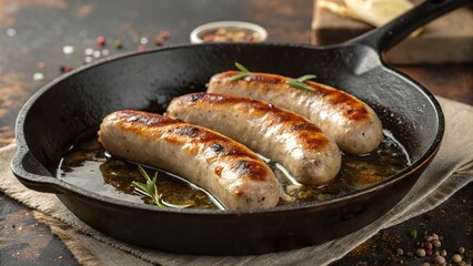 Bratwurst searing in a cast iron pan with herbs and spices for delicious flavor enhancement