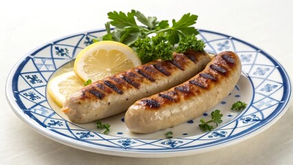 Bratwurst served on a traditional German plate with lemon slices and fresh herbs for a delightful meal experience