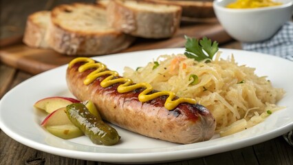 Bratwurst with apple sauerkraut served on a plate with pickles and bread for a delicious German meal