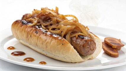 Delicious bratwurst topped with caramelized onions served in a soft bun