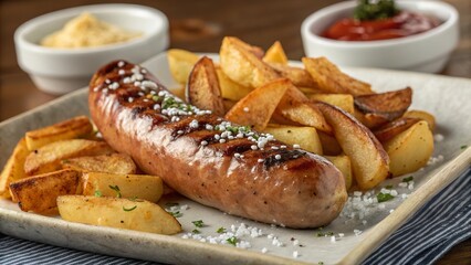 Bratwurst served with crispy fried potatoes and dipping sauces at a cozy dining setting in the evening
