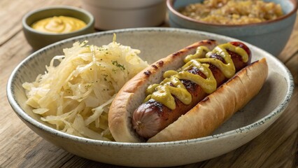 Delicious bratwurst served with mustard and tangy sauerkraut in a rustic bowl setting