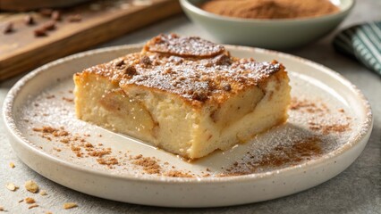 Savory slice of bread pudding topped with nutmeg dust and served on a white plate in a rustic kitchen setting