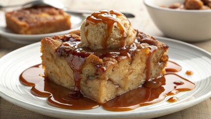 Dessert treat showcasing bread pudding with rich caramel sauce drizzled on top and a scoop of ice cream