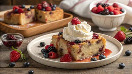 Delight in warm bread pudding topped with fresh cream and mixed berries served in a cozy setting