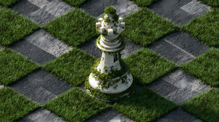 Pawn chess piece embedded with windows, standing on real grass over checkerboard floor, overhead view. Illustration