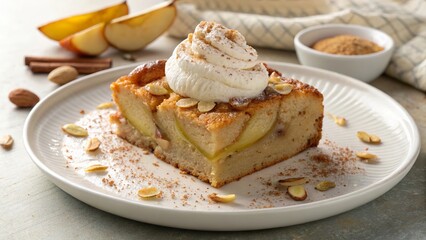 Deliciously spiced bread pudding with pear and ginger topped with cream served on a plate
