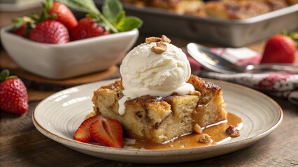 Delicious bread pudding served warm with whipped cream and fresh strawberries on a rustic wooden table