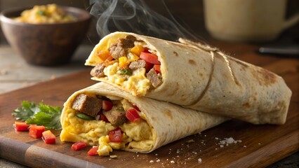 Delicious breakfast burrito filled with eggs, peppers, and meat served on a rustic wooden board