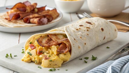 Breakfast burrito with bacon and cheese served on a plate alongside a stack of crispy bacon in a cozy kitchen