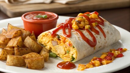 Delicious breakfast burrito with hot sauce and seasoned potato cubes served for morning meal