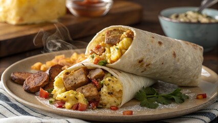 Delicious breakfast burrito featuring potato hash served on a warm plate in a cozy kitchen setting
