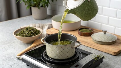Brewing green tea with fresh leaves in a cozy kitchen setting during afternoon hours