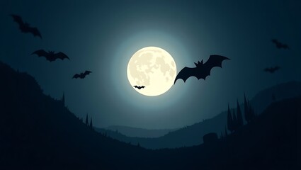 Serene Full Moon Night with Bats and Mystical Blue Sky  Halloween Background