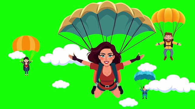 Young woman on a paraglider , imitation of flight against the background of parachutists and white clouds, cartoon style, isolated on green screen, chroma key, footage, mockup, loop